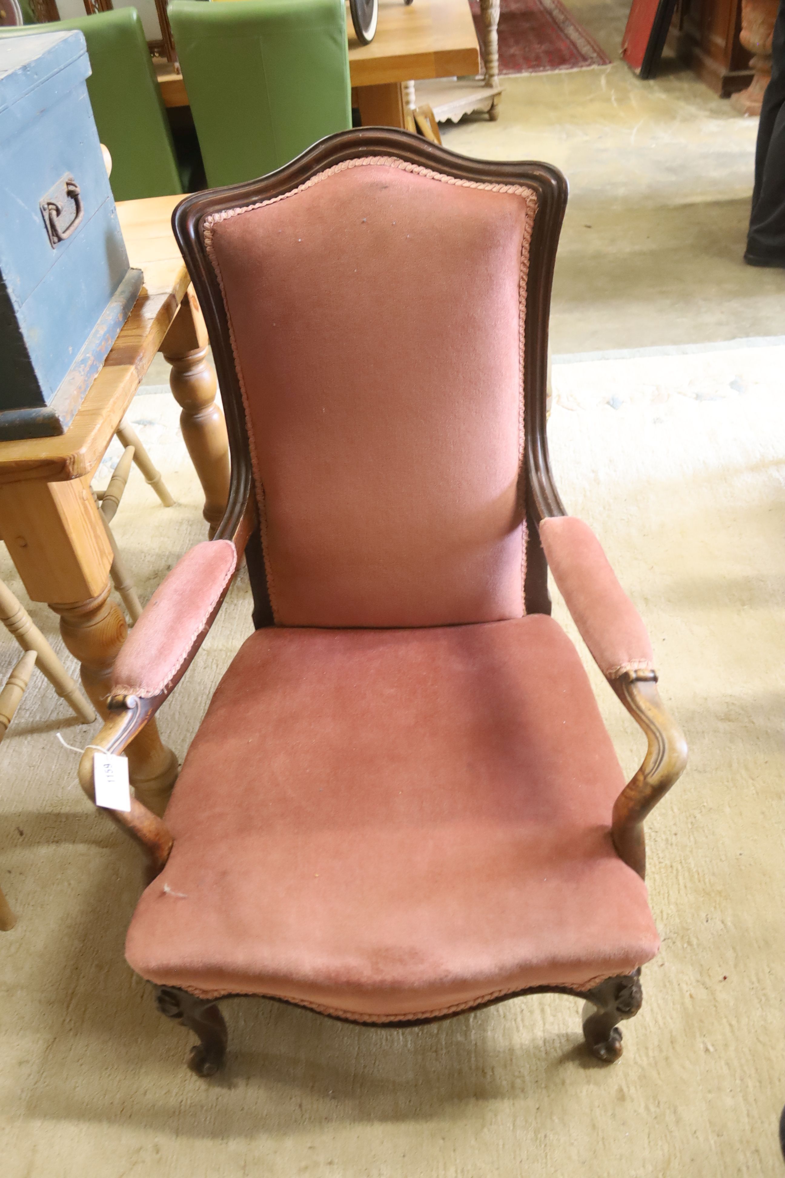 A Victorian mahogany open armchair, width 60cm, depth 80cm, height 93cm